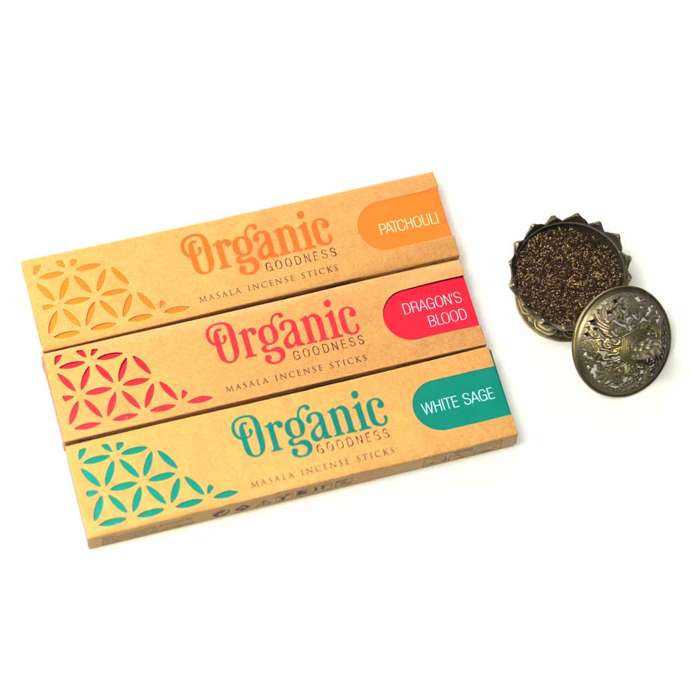 Räucherstäbchen Set mit Halter - Reinigung: White Sage (Weißer Salbei), Dragon's Blood (Drachenblut), Patchouli
