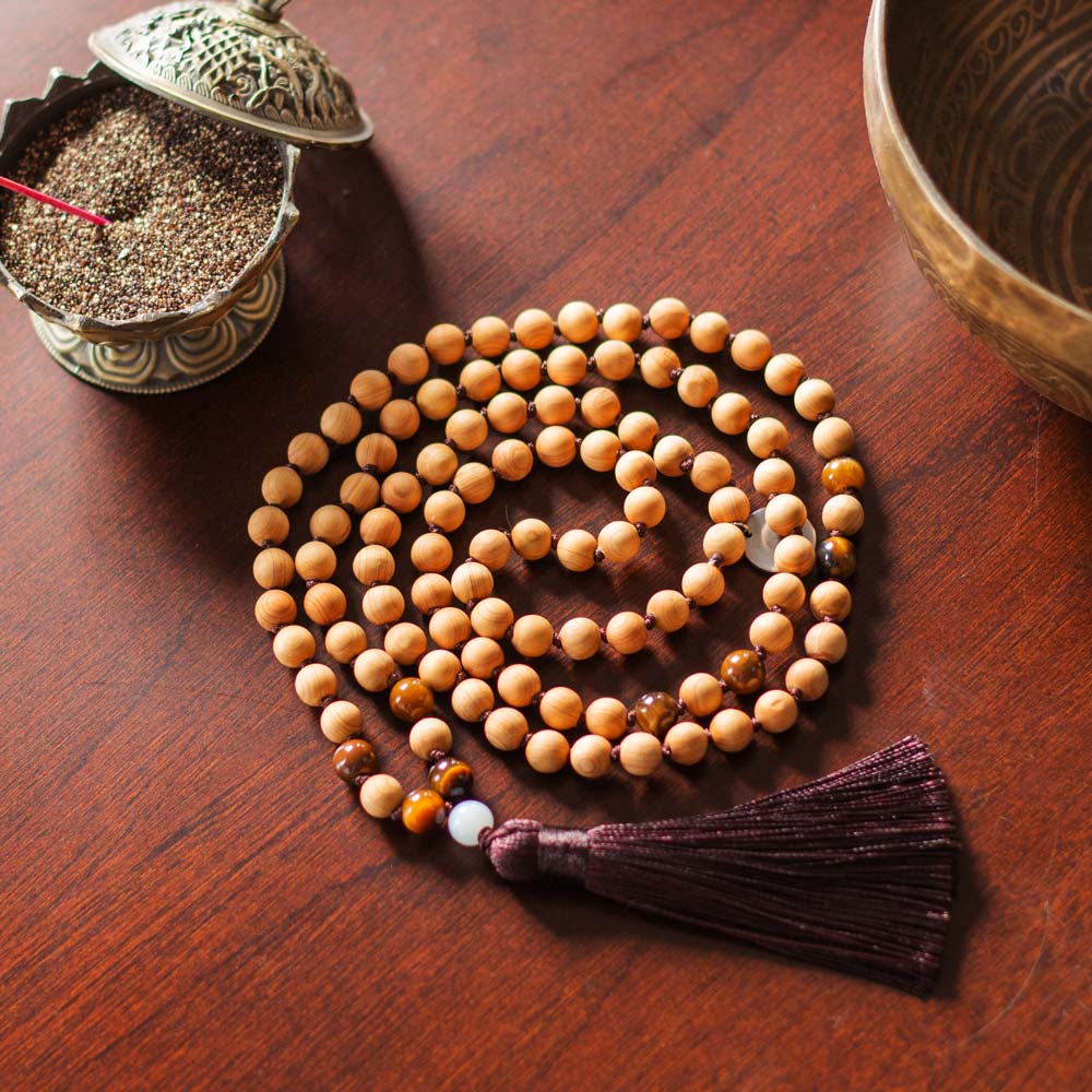 Mala Kette - Thujaholz für Klarheit, mit Räucherstäbchenhalter und Klangschale