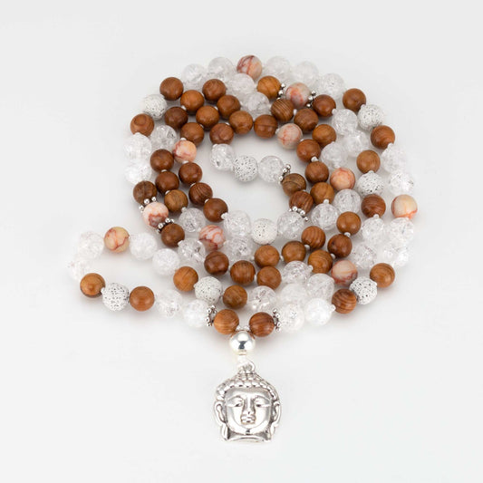 Mala Kette Clarity - Bergkristall und Birnenholz