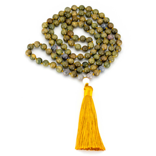 Mala Kette Creativity- Grünes Sandelholz und Picasso Jaspis