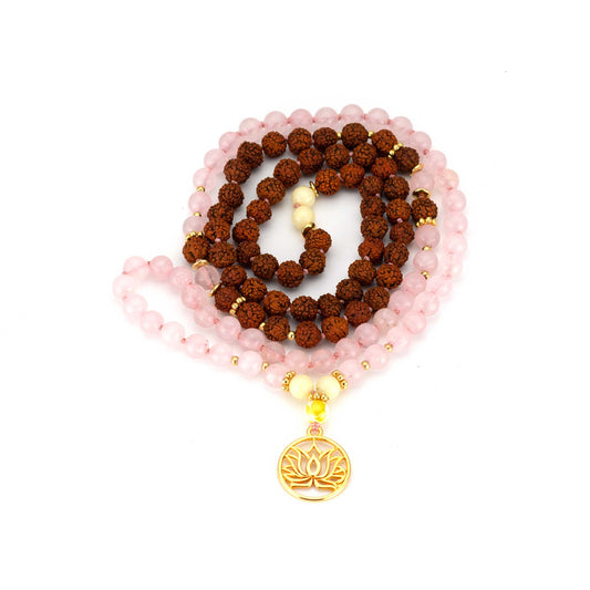 Mala Kette Love - Rosenquarz und Rudraksha