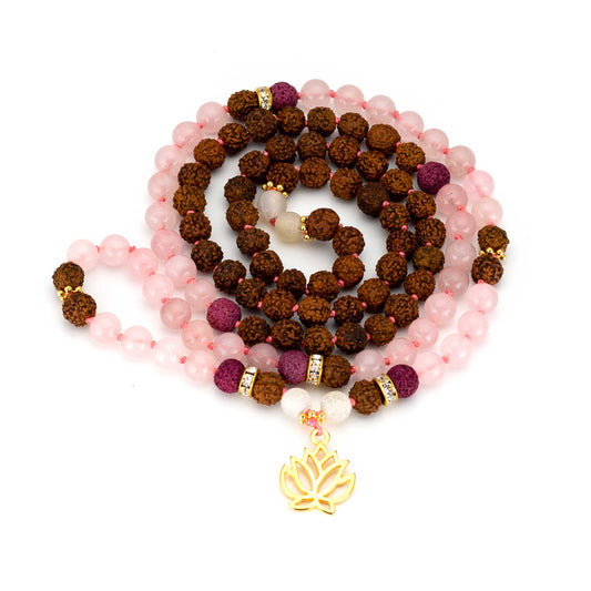 Mala Kette Pure Love - Rosenquarz und Rudraksha