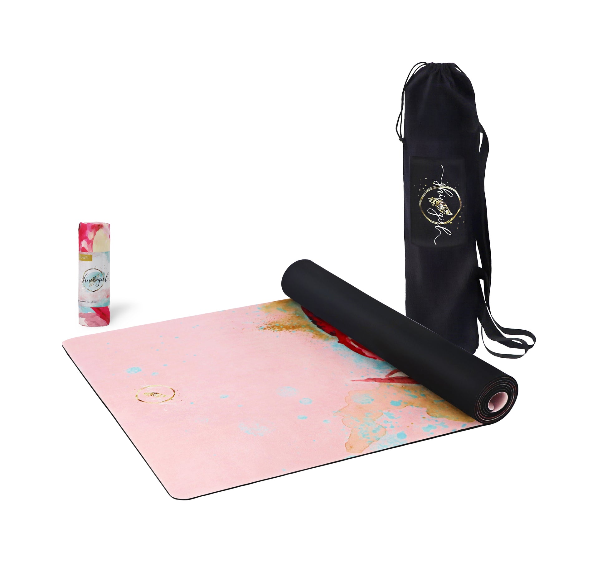 Yogaset von Shiva Girl: Yogamatte, Yogahandtuch, Yogatasche - rosa Lotus, Yogamatte gerollt