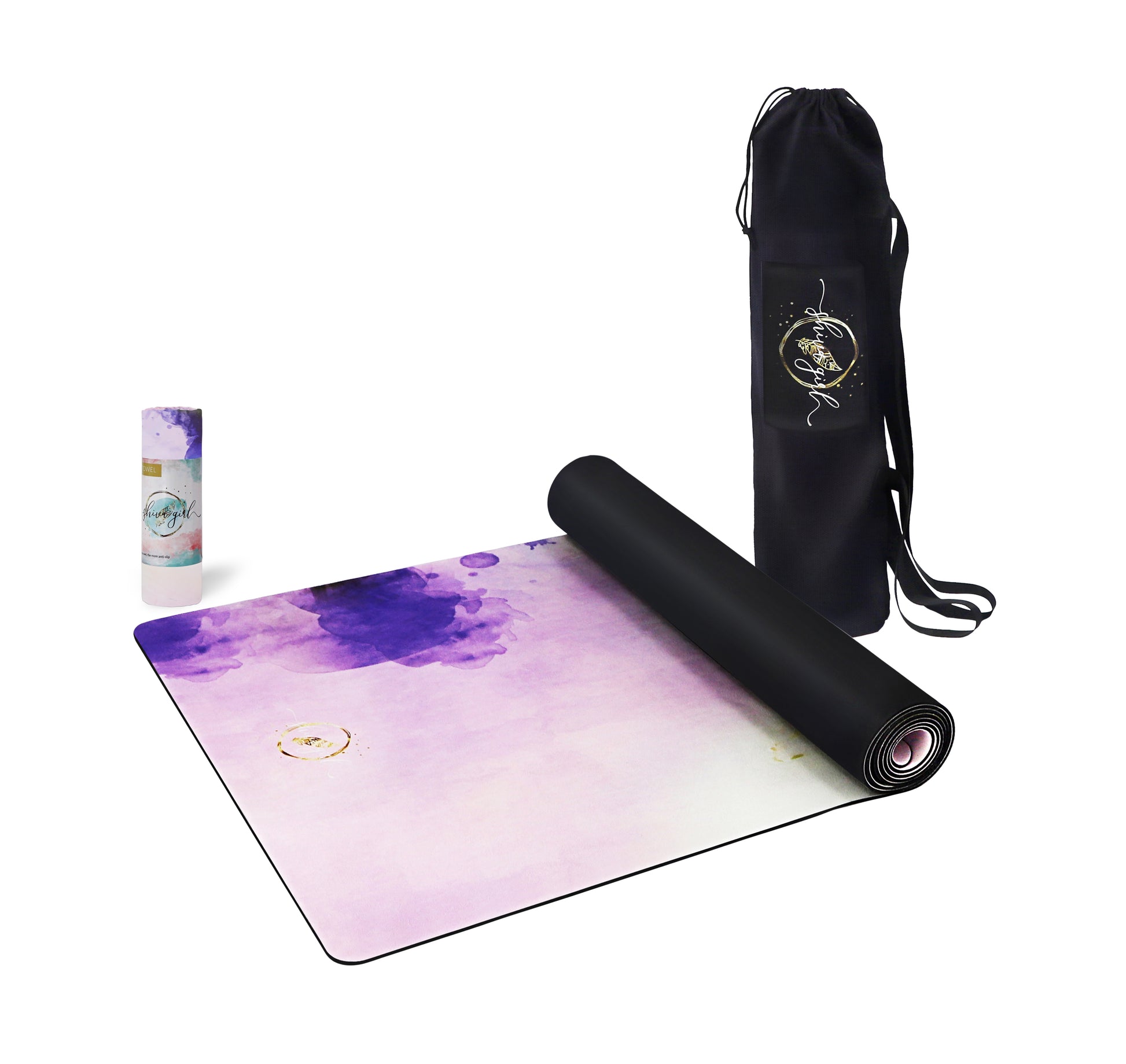 Yogaset von Shiva Girl: Yogamatte, Yogahandtuch, Yogatasche - lila Kolibri, Yogamatte gerollt