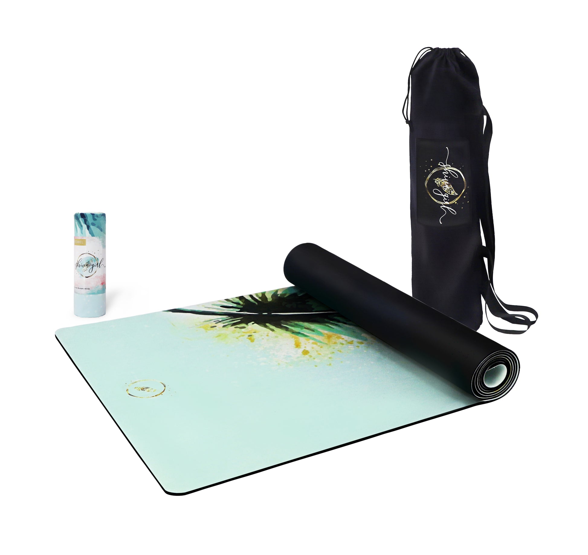 Yogaset von Shiva Girl: Yogamatte, Yogahandtuch, Yogatasche - grüne Feder, Yogamatte gerollt