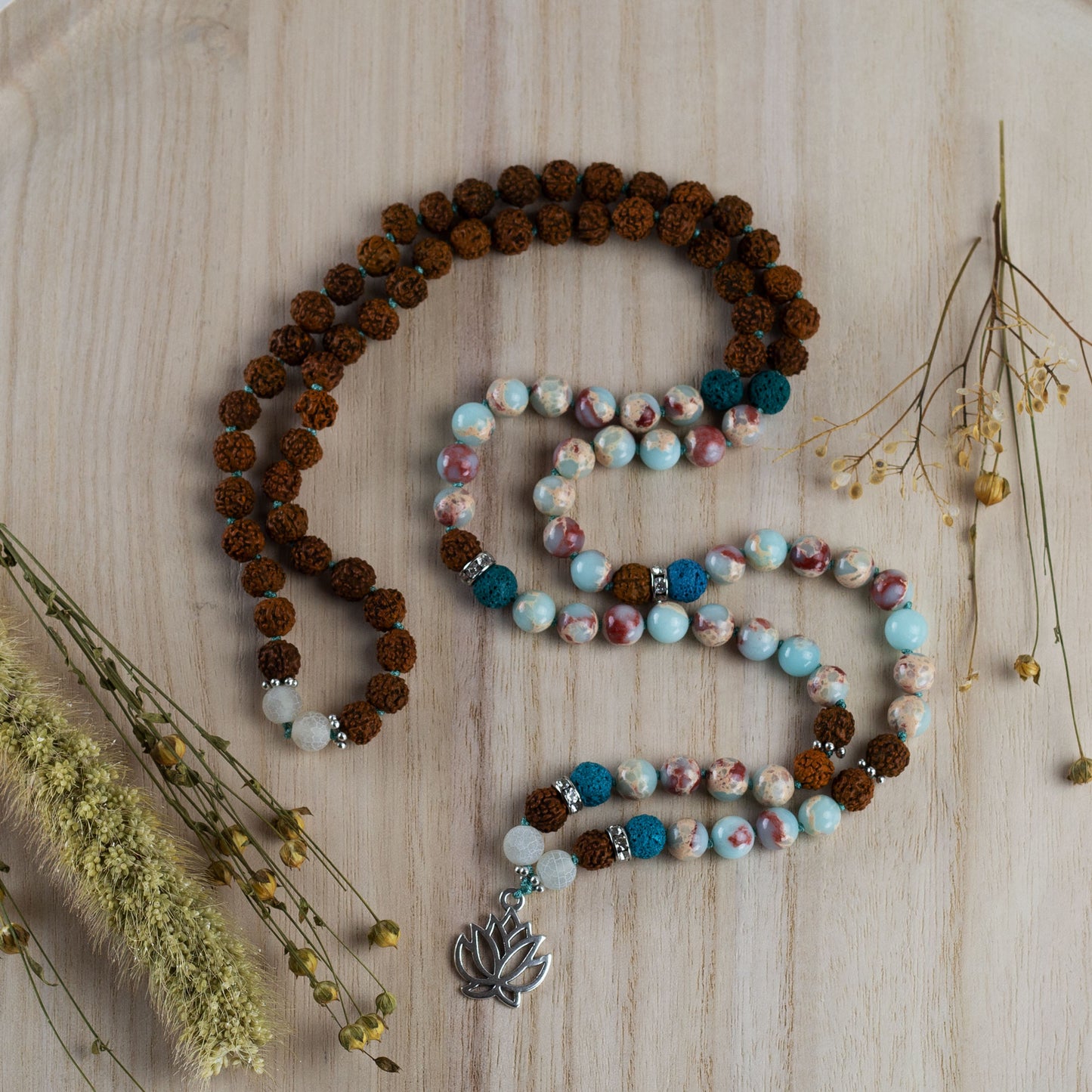 Mala Kette Wisdom- Kaiser Jaspis und Rudraksha