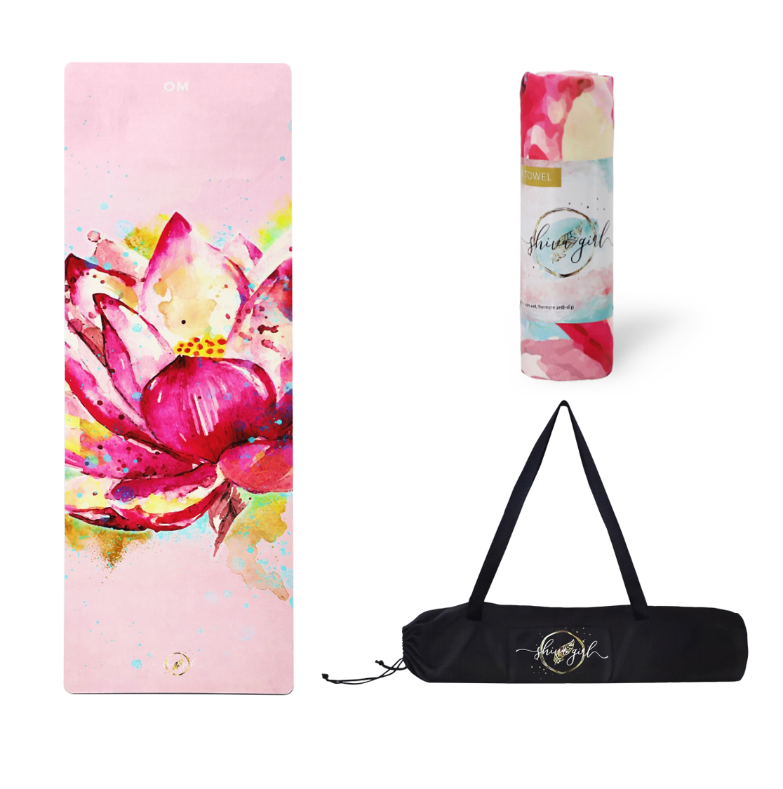 Yogaset von Shiva Girl: Yogamatte, Yogahandtuch, Yogatasche - rosa Lotus